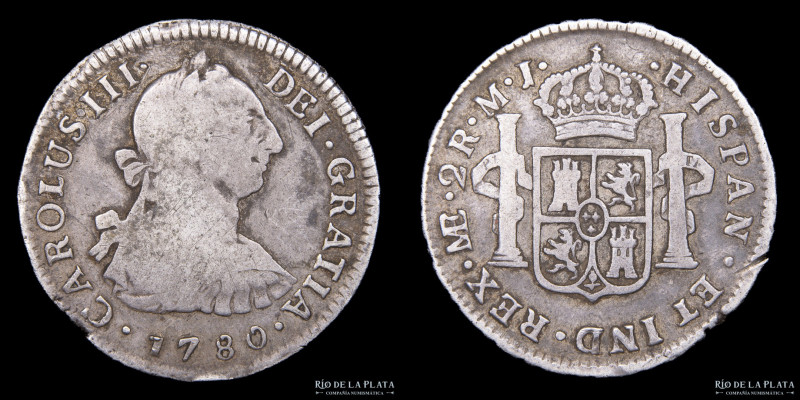 Lima. Carlos III (1759-1788) 2 Reales 1780 MJ. Lima Mint. Fecha escasa. AG.903, ...