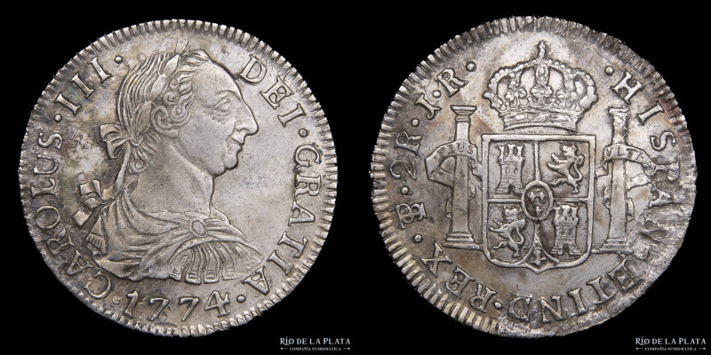 Potosí. Carlos III (1759-1788) 2 Reales 1774 JR. AG.903; 27mm; 6.59g. CJ 65.2.2 ...