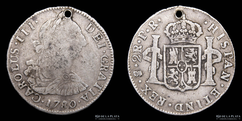 Potosí. Carlos III (1759-1789) 2 Reales 1780/79 PR (Ensayadores Pedro Narciso de...