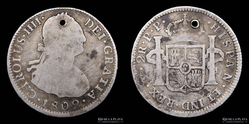 Potosí. Carlos IV (1759-1788) 2 Reales 1802 PP (Pedro Mazondo, Pedro Martín Albi...