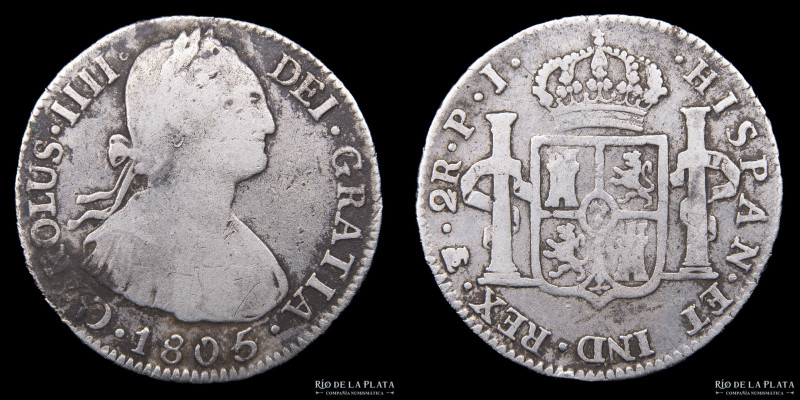 Potosí. Carlos IV (1759-1788) 2 Reales 1805/4 PJ (Pedro Martín Albizu, Juan Palo...