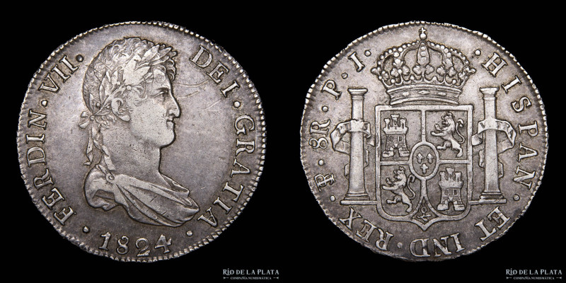 Potosí. Fernando VII (1808-1833) 8 Reales 1824 PJ. AG.896; 38.0mm; 26.85g. CJ 86...