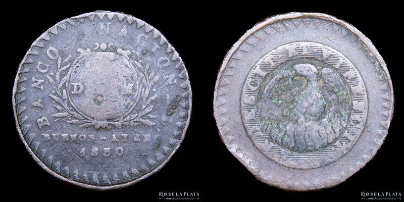 Argentina. Buenos Aires. 20 Décimos 1830. Buenos Aires mint. Cobre; 32.5mm; 20g....
