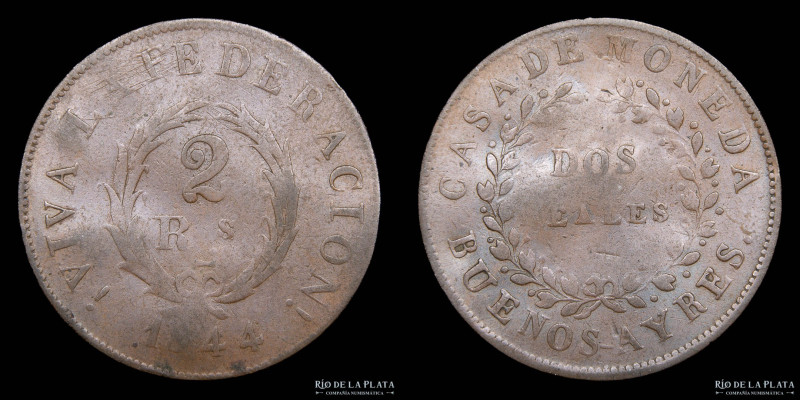 Argentina. Buenos Aires. 2 Reales 1844. Buenos Aires mint. Cobre; 25mm; 5.83g. C...