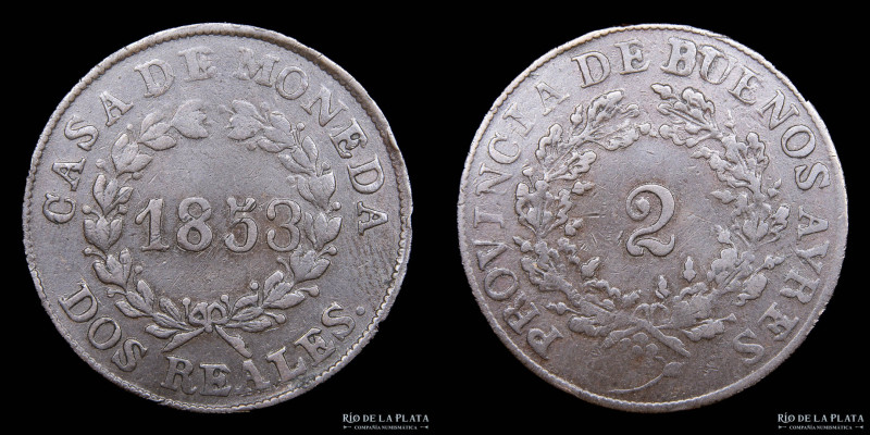 Argentina. Buenos Aires. 2 Reales 1853. Cobre; 32mm; 7.28g. CJ 18.2.2 (A3-R2); K...