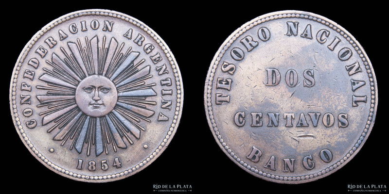 Argentina. Confederación. 2 Centavos 1854. Ceca Birmingham. Cobre; 29.0mm; 9.49g...