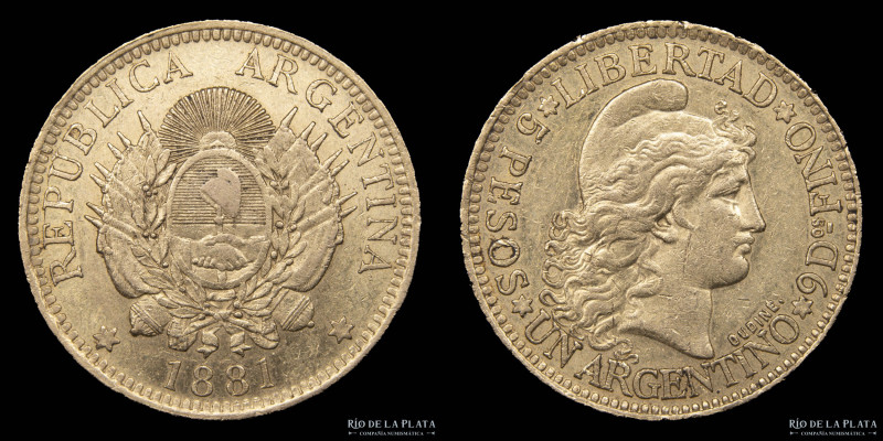 Argentina. 5 Pesos 1881 "Argentino de oro". Oro AU.900; 22.1mm; 8.07g. Ceca de B...