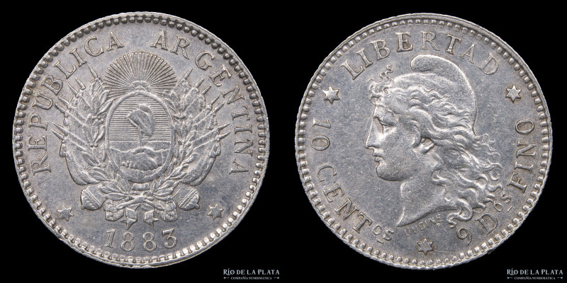 Argentina. 10 Centavos 1883. AG.900; 18.0mm; 2.54g. Buenos Aires mint. Mintage 2...