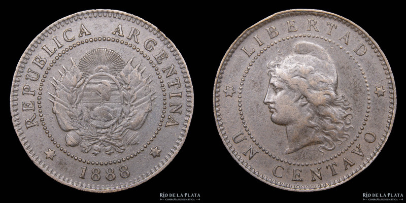 Argentina. 1 Centavo 1888. Buenos Aires mint. Cobre; 25.0mm; 5.00g. Fecha escasa...