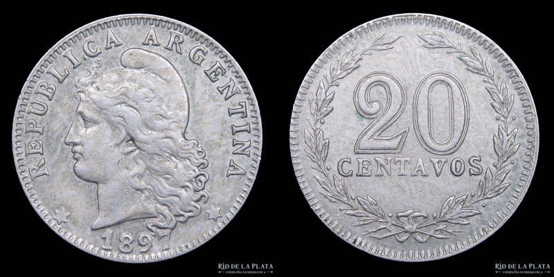 Argentina. 20 Centavos 1897. Cu-Ni; 21.5mm; 4.00g. CJ 53; KM36 (XF)

Nota: Tod...
