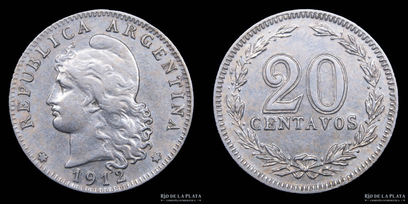 Argentina. 20 Centavos 1912. Cu-Ni; 21.5mm; 4.00g. CJ 63; KM64 (AU)

Nota: Tod...