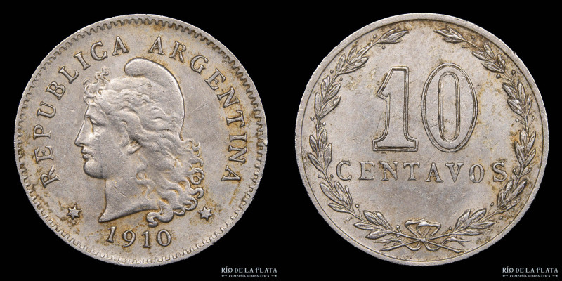 Argentina. 10 Centavos 1910. Cu-Ni; 19mm; 3g. CJ 99 (AU/UNC)

Nota: Todos los ...
