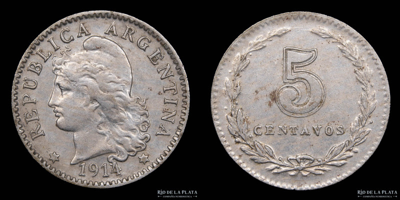 Argentina. 5 Centavos 1914. Escasa. Cu-Ni; 17mm; 2.01g. CJ 145.1. (UNC)

Nota:...
