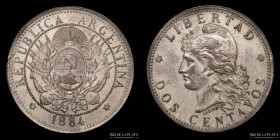 Argentina. 2 Centavos 1884. Canto estriado. CJ 26