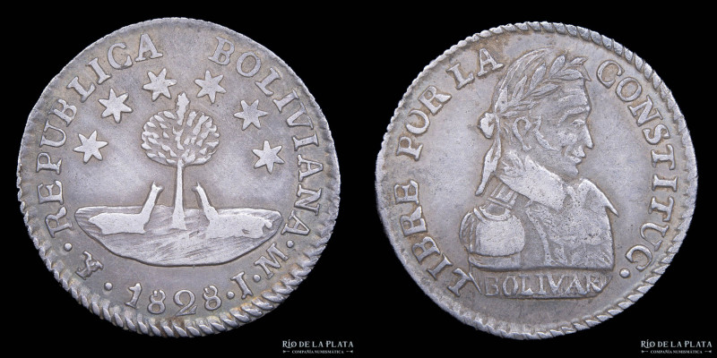 Bolivia. 1/2 Sol 1828 JM. Bolivar. AG.903; 16.5mm; 1.58g. KM93.2 (XF) Rara en es...