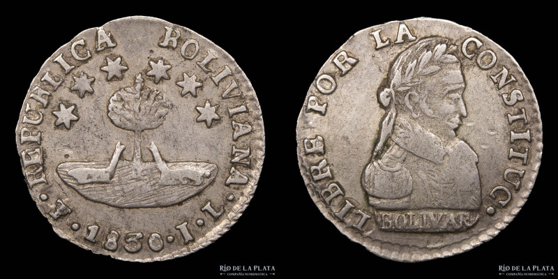 Bolivia. 1/2 Sol 1830 JL. Sobrefecha escasa. Bolivar. AG.667; 16.5mm; 1.57g. KM9...