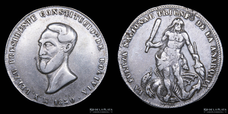 Bolivia. 1850. 4 Soles. Belzu Presidente Constitucional. Plata; 33mm; 13.45g. RT...