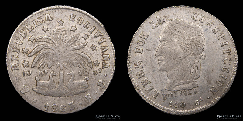 Bolivia. 2 Soles 1863 FP. AG.903; 24.0mm; 4.99g. KM135.2 (XF)

Nota: Todos los...