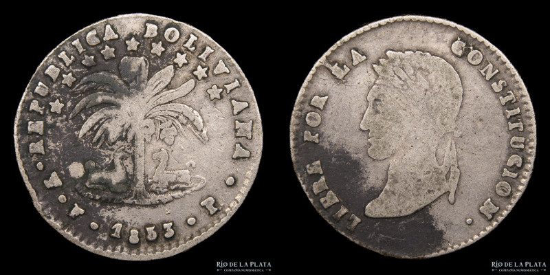 Bolivia. 1 Sol 1855 F PAZ. La Paz mint. Muy escasa. AG.667; 20mm; 3.25g. KM120. ...