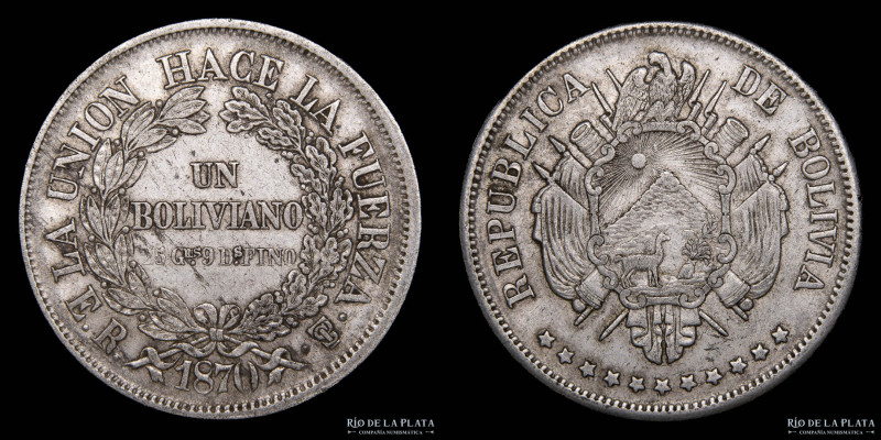 Bolivia. 1 Boliviano 1870 ER. Fecha grande. AG.900; 37mm; 24.98g. KM155.1 (XF)
...