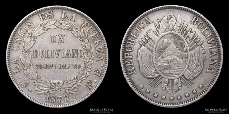 Bolivia. 1 Boliviano 1873 FE. 9 estrellas. AG.900; 37mm; 24.84g. KM160.1 (XF)
...