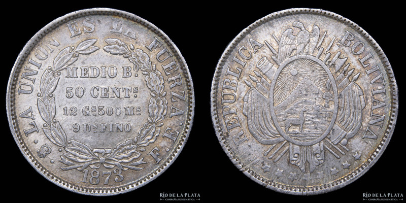 Bolivia. 50 Centavos 1873 FE. AG.900; 30.2mm; 12.29g. Primer año de la serie. Mu...