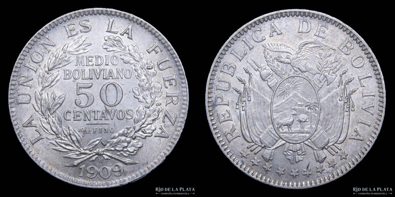 Bolivia. 50 Centavos 1909 H. AG.833; 29.8mm; 10.02g. KM177 (UNC)

Nota: Todos ...