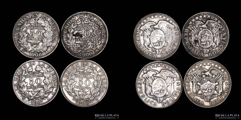 Bolivia. Lote x4. 50 Centavos 1900 a 1906. Plata, todas diferentes. Algunas esca...