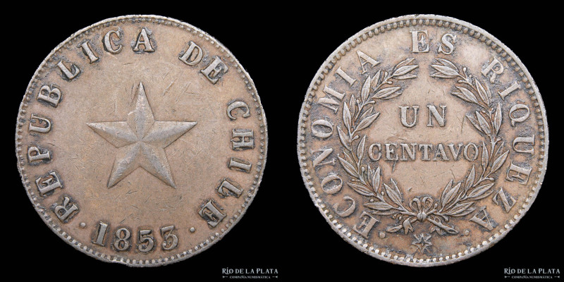 Chile. 1 Centavo 1853. Cobre; 28.0mm; 10.24g. KM127 (VF+)

Nota: Todos los pre...