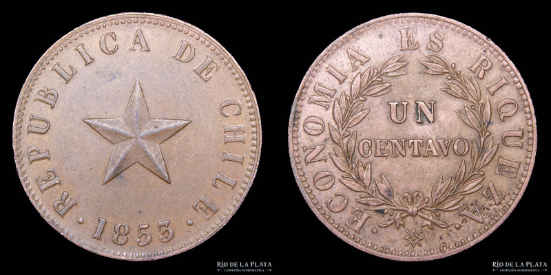 Chile. 1 Centavo 1853. Cobre; 28.0mm; 10.00g. KM127 (XF+)

Nota: Todos los pre...