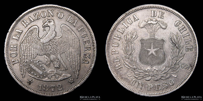Chile. 1 Peso 1872 So. Santiago mint. AG.900; 37.0mm; 25.16g. KM 142.1. Condor. ...
