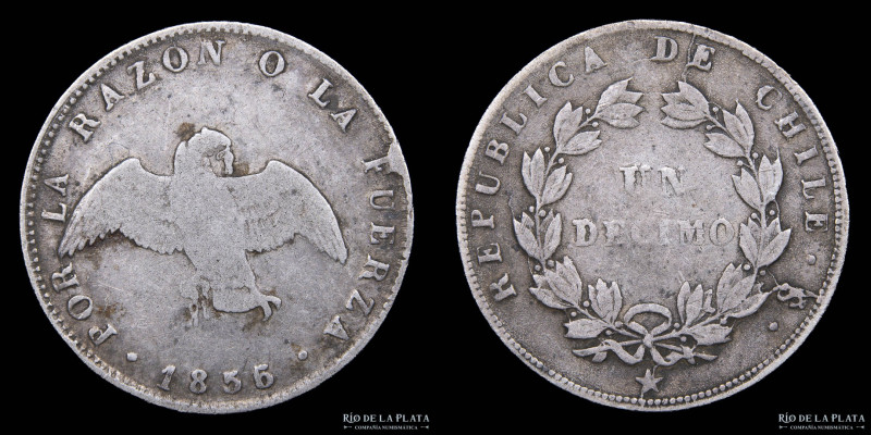 Chile. 1 Décimo 1856/5. AG.900; 18mm; 2.43g. KM124 (VF) 

Nota: Todos los prec...