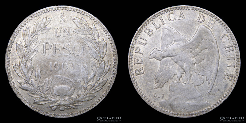 Chile. 1 Peso 1903. AG.700; 35mm; 20g. KM152.2 (XF) 

Nota: Todos los precios ...