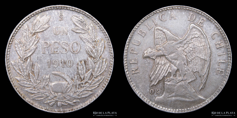 Chile. 1 Peso 1910. AG.900; 31.5mm; 12.03g. KM152.3 (UNC) Limpiada, repatinando...