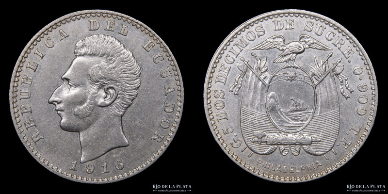 Ecuador. 2 Décimos 1916. AG.900; 23.2mm; 5.05g. KM51.4 (XF)

Nota: Todos los p...