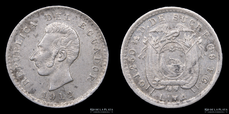 Ecuador. 1/2 Décimo de Sucre 1912. AG.900; 15mm; 1.27g. KM55.1 (XF)

Nota: Tod...