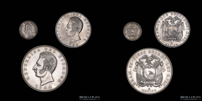 Ecuador. Lote x3. 1915-1944. Plata diversa ley, peso 36.03g (total). Estados XF/...