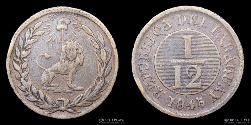 Paraguay. 1/12 Real 1845. Asuncion Crude Strike. Cobre; 24.0mm; 5.73g. KM1.2 (VF...