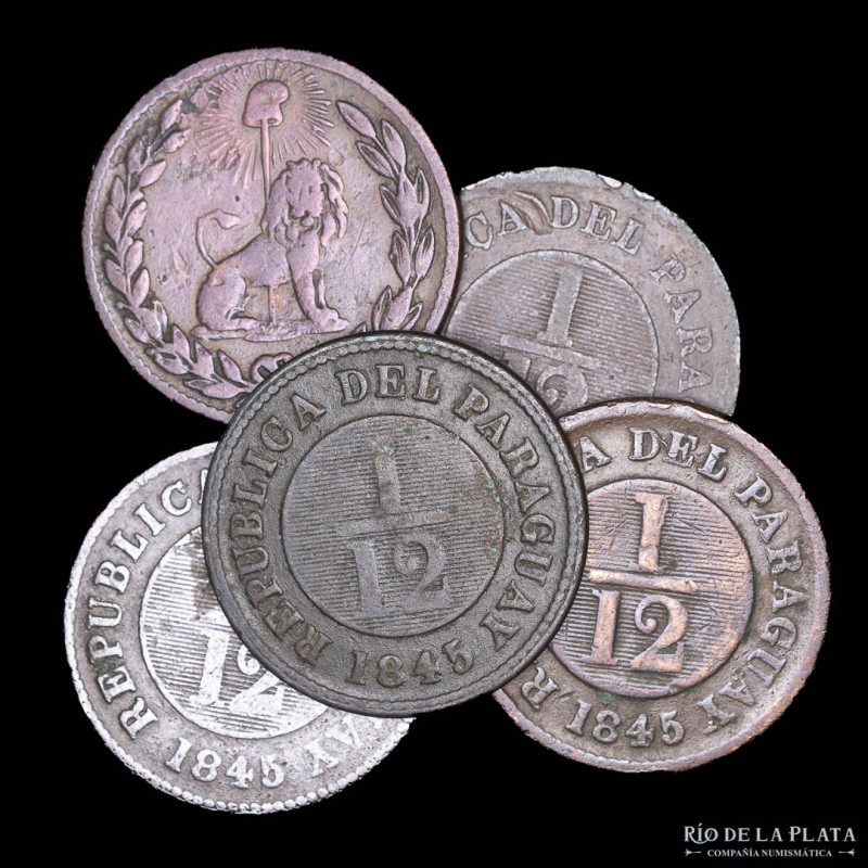 Paraguay. Lote x5. 1/12 Real 1845. Ceca Asunción (Estilo "Crudo"). KM1. Diversos...