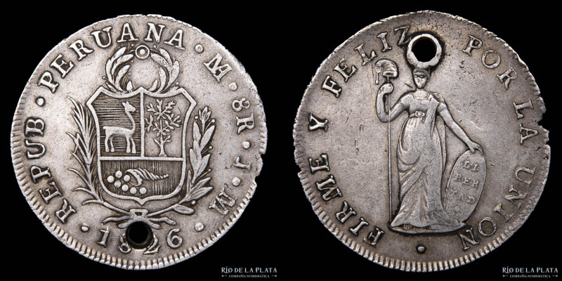 Perú. 8 Reales 1826 JM. Lima Mint. AG.903; 39.5mm; 26.69g. KM142.1 Perforada (VF...