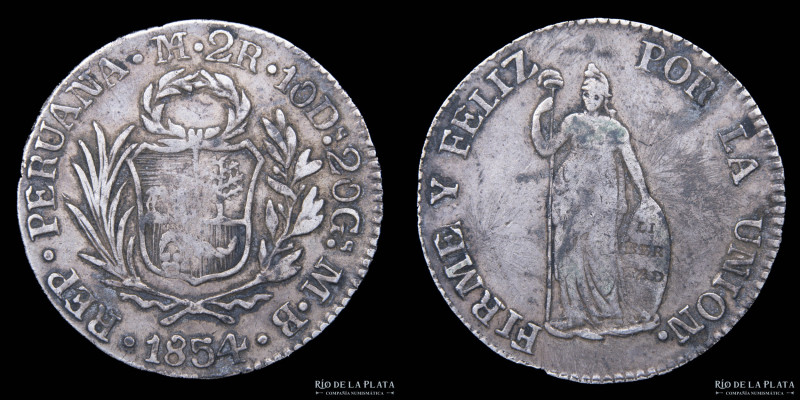 Perú. 2 Reales 1854 MB. AG.903; 27mm; 6.30g. KM141 (VF)

Nota: Todos los preci...