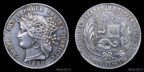 Peru. 5 Pesetas 1880 BF. Dot KM201.2