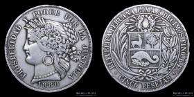 Peru. 5 Pesetas 1880 BF. Dot KM201.2