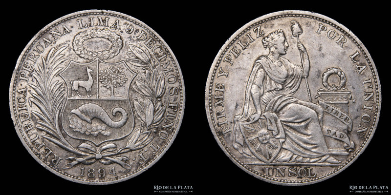 Perú. 1 Sol 1894 TF. AG.900; 37mm; 24.85g. KM196.24 (VF+)

Nota: Todos los pre...