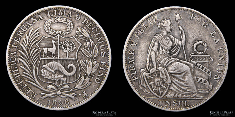 Perú. 1 Sol 1896 F. AG.900; 37.0mm; 24.78g. KM196.26 (VF)

Nota: Todos los pre...