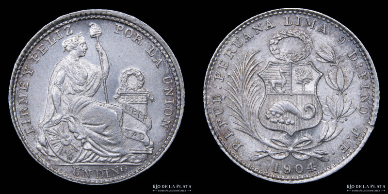 Perú. 1 Dinero 1904. AG.900; 18.0mm; 2.53g. KM204.2 (UNC)

Nota: Todos los pre...