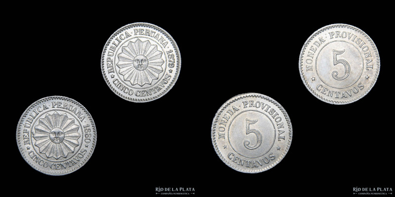 Perú. 5 Centavos 1879 y 1880. Cu-Ni; 16.5mm; 2.43g c/u. KM197 (UNC)

Nota: Tod...