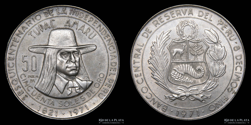 Perú. 50 Soles de Oro. AG.800; 37.0mm; 21.63g. (150th Anniversary of Independenc...