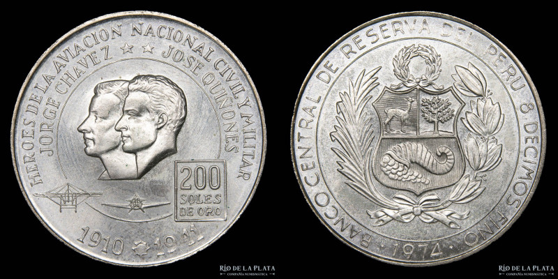 Perú. 200 Soles de Oro 1974. AG.800; 37.0mm; 22.0g. (Héroes de la Aviación - Cha...