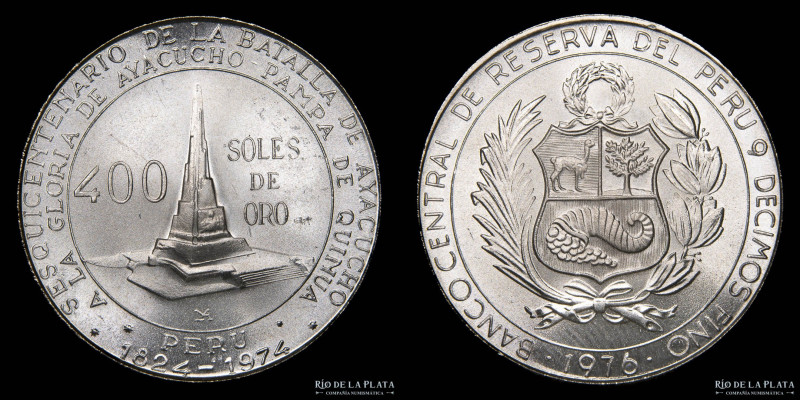 Perú. 400 Soles de Oro. Sesquicentenario de la Batalla de Ayacucho. AG.900; 36.0...